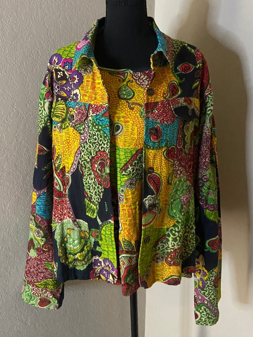 Gaudy Couture Vintage 2 Piece Patchwork Floral Paisley Set Jacket Top 1X Cotton